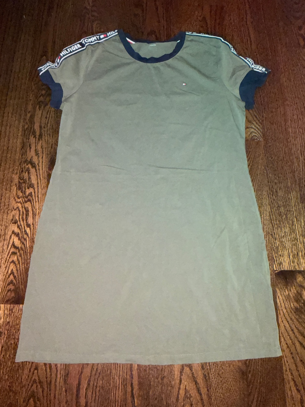 Tommy Hilfiger Olive Green Short Sleeve Logo Tee Dress with Navy Trim